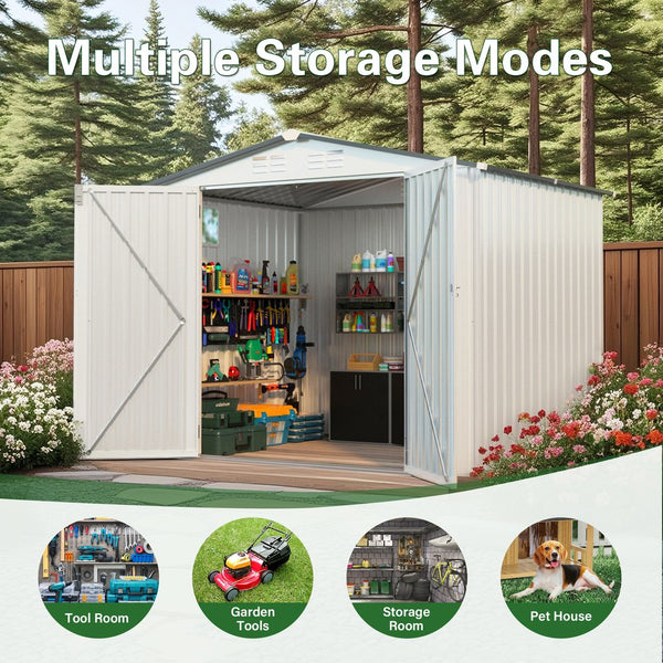 English Elm 8x6 Galvanized Steel Outdoor Storage Shed with Pitched Roof Lockable Doors and Window W3213S00007
