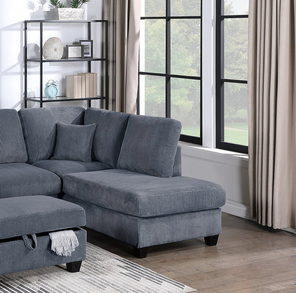English Elm Contemporary 3pc Sectional Set with USB Charging, Corduroy Upholstery, Storage Ottoman & Pillows Dark Gray 76 L x 35 W x 17 H B011S01241