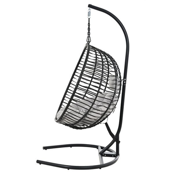 English Elm U_style Wicker Hanging Egg Chair with Stand Hdpe Cocoon Swing for Balcony Garden Black+ Gray N711P389503E