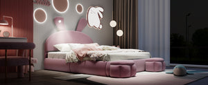 English Elm Full Full Size Upholstered Platform Bed with Cute Cartoon Ear Headboard, LED Light, Pink Velvet Cozy Retreat N709P195300H