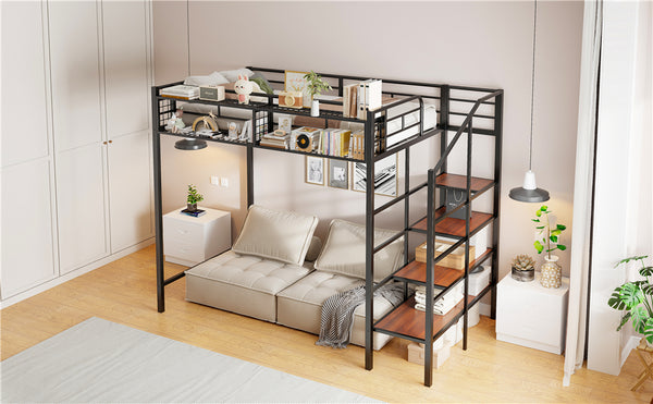 English Elm Twin Metal Loft Bed with Upper Grid Storage Shelf and 4-Layer Ladder Shelves for Space Saving Black SF100081AAB