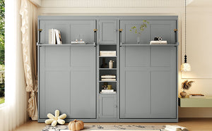 English Elm Dual Twin Murphy Beds with Built-In Cabinets & Shelves for Space-Saving Guest Rooms and Studios Gray N820S00058E