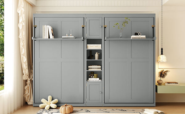 English Elm Dual Twin Murphy Beds with Built-In Cabinets & Shelves for Space-Saving Guest Rooms and Studios Gray N820S00058E