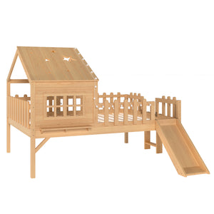 English Elm Twin Playhouse Loft Bed Solid Pine Frame with Slide Led Lights and Star Roof Natural W5316S00005