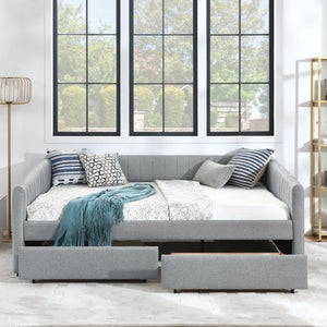 English Elm Queen Size Daybed With Trundle & Drawers – Stylish Grey Upholstered Sofa Bed For Guests & Storage W1413S00067-GIGA