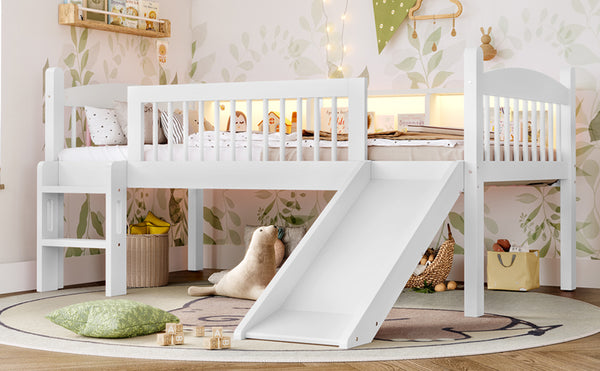 English Elm Twin Xl Solid Pine Loft Bed with Built-in Led Lighting and Storage Shelves Light White W1580S00364