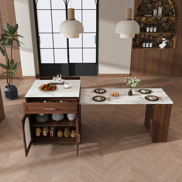 English Elm 80-inch Expandable Island Dining Set Walnut Marble Top Power Outlets 4 Wood Chairs W2700S00141