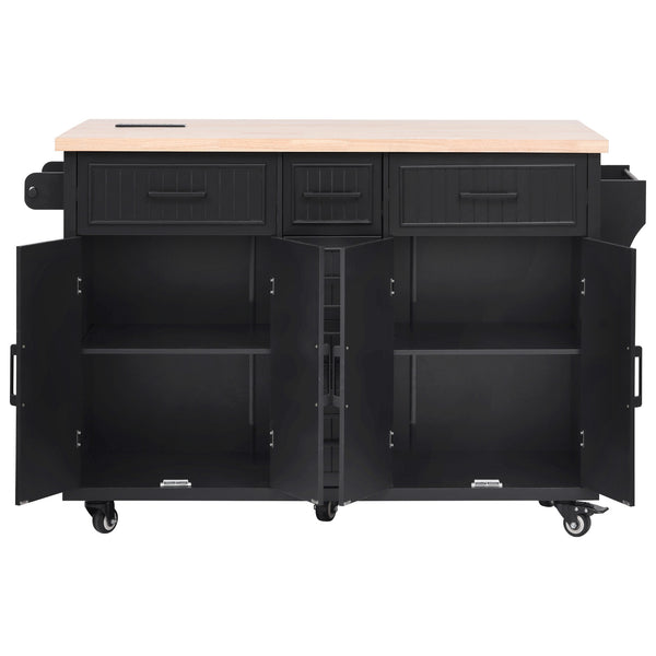 English Elm K&k Farmhouse Rolling Kitchen Island Drop Leaf Power Outlet Five Drawers Cabinet Storage Black N707S263094B