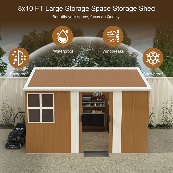 English Elm 8x10 Galvanized Steel Outdoor Storage Shed Windproof Ventilated Lockable Garden Tool House W2700S00062