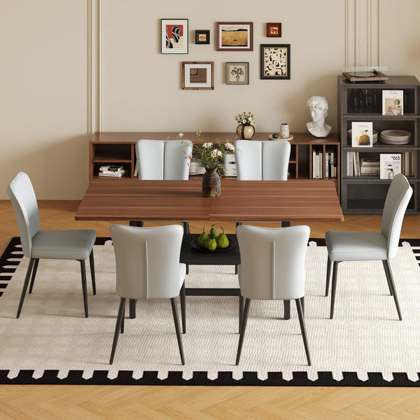 English Elm Table And Chair Set - 71" Walnut Grain Dining Table With 6 Light Gray Pu Chairs For Modern Spaces W1151S04284-GIGA