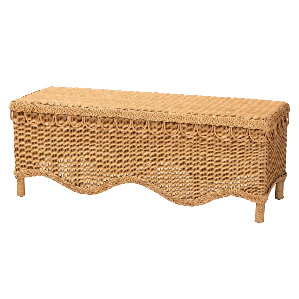 English Elm Modern Bohemian Woven Rattan Seat Mahogany Frame Entryway Bedroom Accent Bench B2750P467765