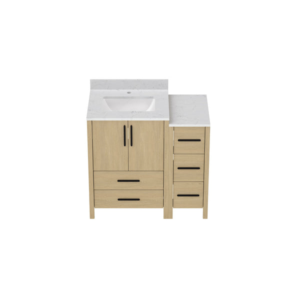 English Elm 108"w×22"d×34"h Freestanding Double Sink Vanity with White Countertop Soft Close T3785S00001