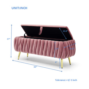 English Elm Oval Teddy Fabric Storage Bench with Gold Legs — 43.4" Large Upholstered Ottoman for Entryway Seating and Hidden Organization Dark Pink W1117P184679