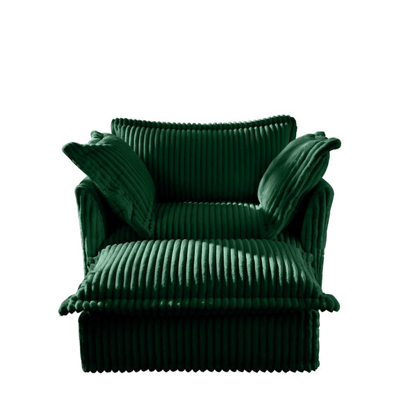 English Elm Upholstered Slipcovered Armchair Set With Wide Ottoman, Deep Cushions In Green Corduroy Fabric W3041S00077-GIGA