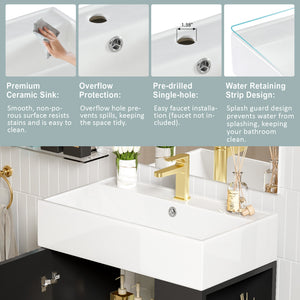 English Elm 21.6" Black Modern Bathroom Vanity with Ceramic Sink, Right Side Storage, Gold Legs & Soft-Close Doors SV000006AAB