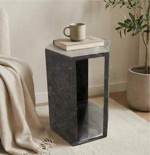 English Elm Genuine Solid Marble Hexagonal Pedestal End Table Polished Stone for Modern Living Dark Gray W1696P408001