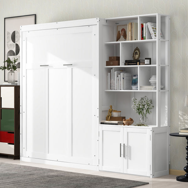 English Elm Full Full Size Murphy Bed with Hidden Cabinet, Multiple Shelves, Space-Saving White Design, 600lb Capacity GX000383AAK
