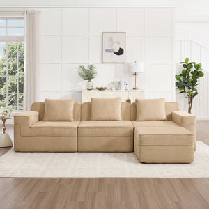 English Elm Modular 3-Seat L-Shape Sectional Sofa, Cloud Comfort In Soft Camel Corduroy With Movable Ottoman & Pillows W3041S00318