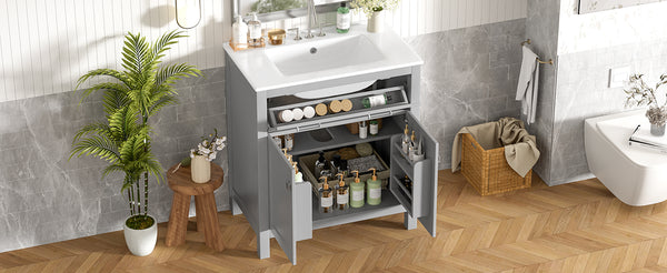English Elm 30" Modern Bathroom Vanity with Ceramic Sink and Soft-Close Doors, Solid Wood MDF Build, Sleek Handles Gray N729P263155E