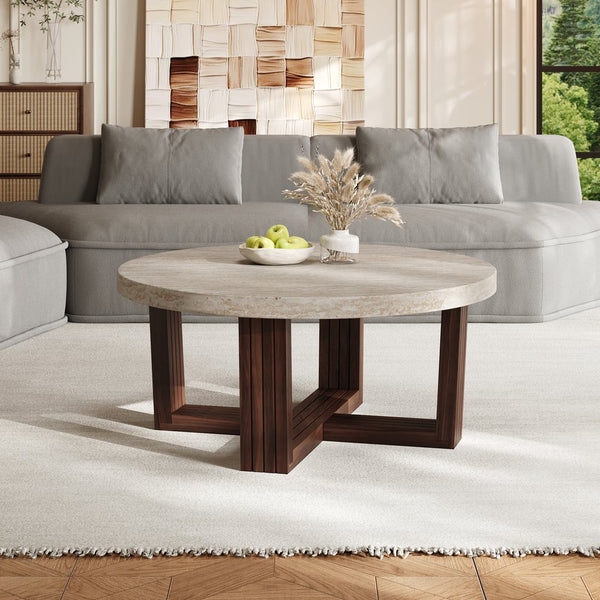English Elm Round Marble Pattern Coffee Table with Cross Wood Base for Modern Living Rooms N770P365808M