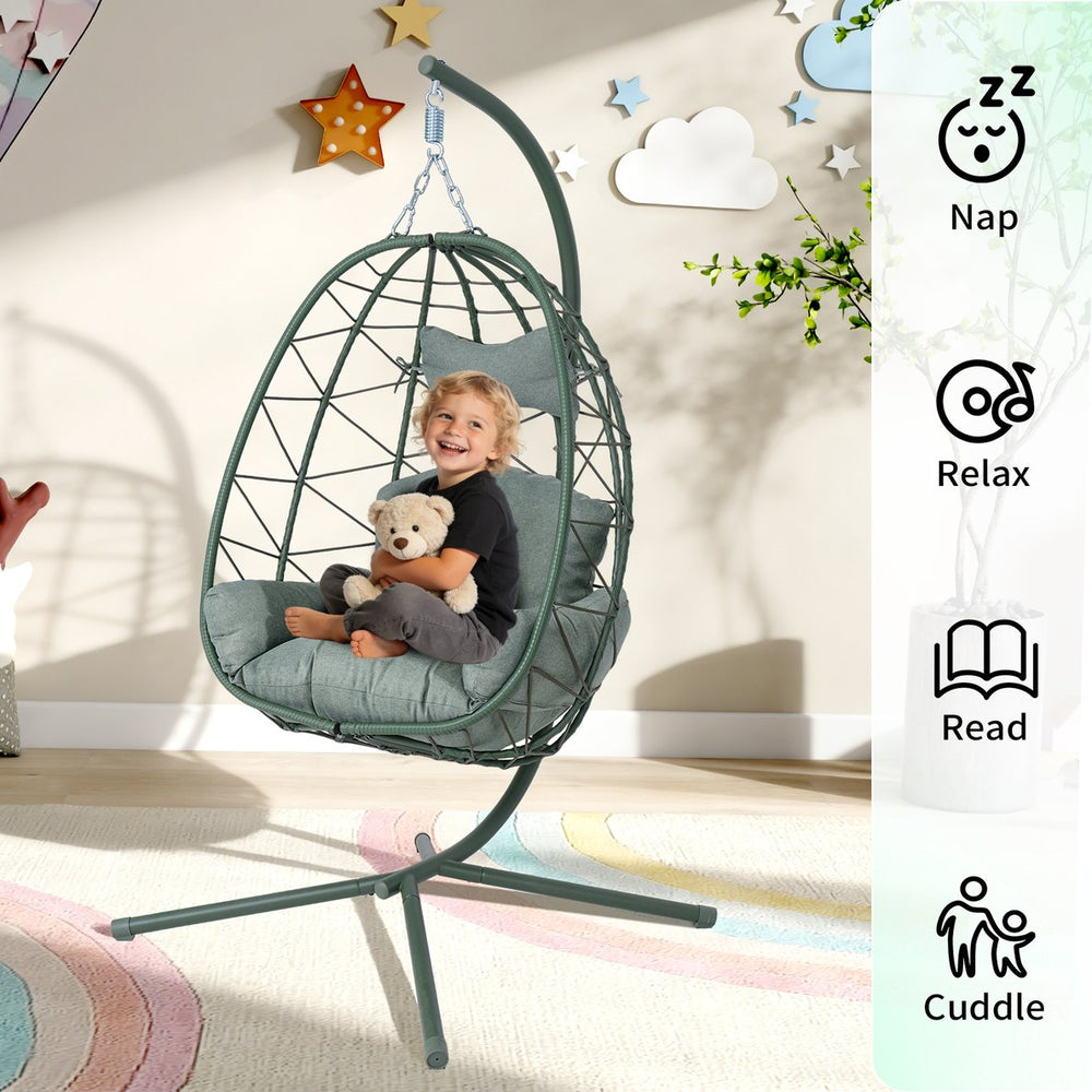 English Elm Hanging Egg Swing Chair Pe Wicker Foldable Frame with Cushion for Patio or Bedroom T5880P497576