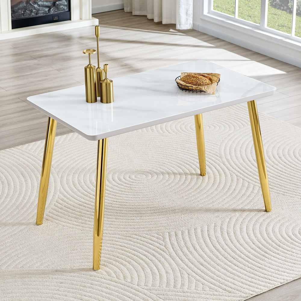 English Elm Modern Marble Look Glass Top Dining Table with Gold Tapered Legs Seats Six W1151S04622