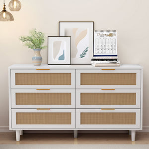 English Elm 51.18"6-Drawers Rattan Storage Cabinet with Woven Fronts, White Dresser for Bedroom & Living Room, Space-Saving Stylish Organizer W757P235127