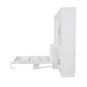 English Elm Queen Murphy Bed with Wardrobe Cabinet Hydraulic Lift Mdf Space Saving Wall Unit White LP000581AAK