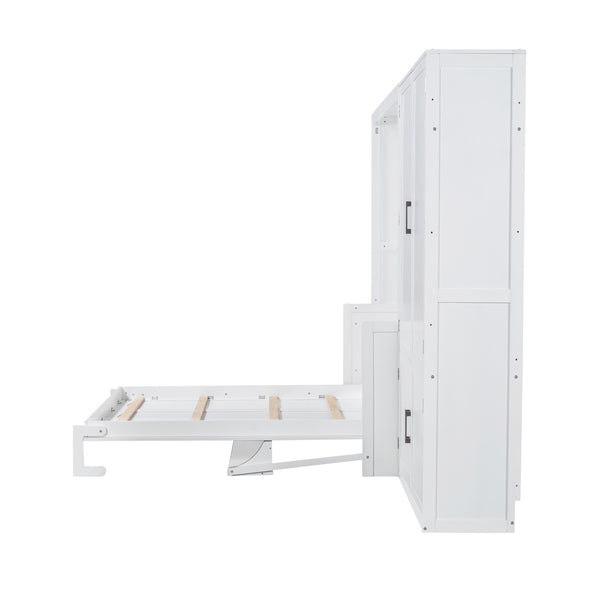 English Elm Queen Murphy Bed with Wardrobe Cabinet Hydraulic Lift Mdf Space Saving Wall Unit White LP000581AAK