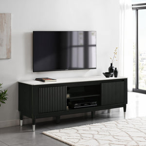 English Elm Contemporary Maidstone TV Console with Sintered Stone Top, Silver-Capped Arrow Legs, Open Storage Black,White 75 L x 21 W x 24 H B2741P402568