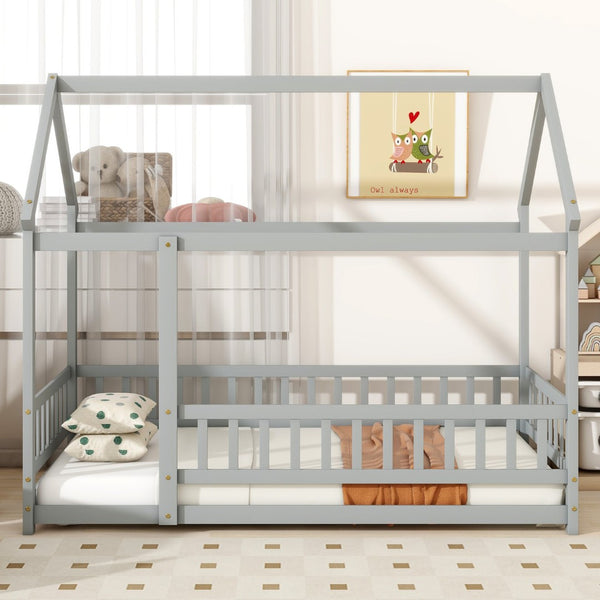 English Elm Twin Floor Wooden House Bed With Roof Frame & Guardrails - Cozy Grey Design For Kids' Rooms W504P286402-GIGA