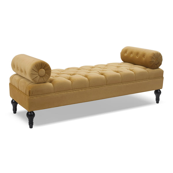 English Elm Jennifer Taylor Home - Lewis Bolster Arm Entryway Bench in Gold Velvet — Handcrafted hardwood frame, vintage bolsters, low 15" seat comfort Yellow B2719P238172