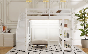 English Elm Full Size Loft Bed with Wardrobe Storage Staircase Shelves and Led Lighting N7090000472K-1