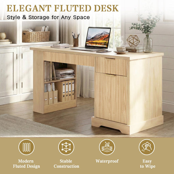 English Elm 55" Fluted White Computer Desk with Power Outlet Pegboard Cabinet and Keyboard Tray W2917P396017