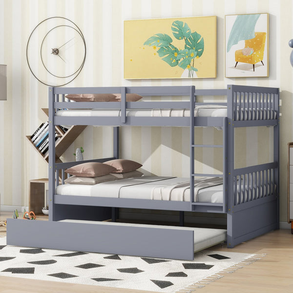 English Elm Full Over Full Bunk Bed With Twin Trundle, Ladder & Guardrails - Rustic Grey, Space-Saving Design W504S00178