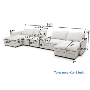 English Elm 140" U Shaped Chenille Sectional Sofa 6-Seater with Movable Ottoman, Deep 25" Seats & Adjustable Backrest W1117S00139