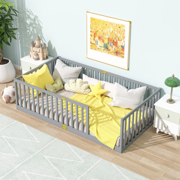 English Elm Twin House Frame Floor Bed Rubberwood with Roof Canopy and Safety Rails for Kids Grey W504P429529