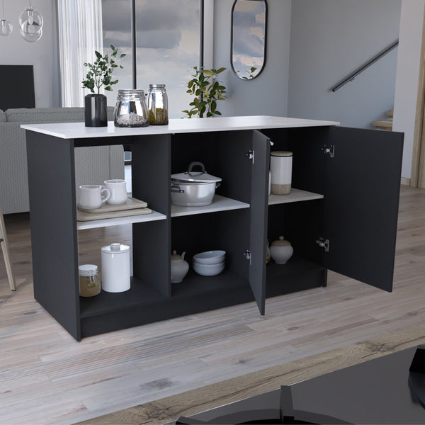 English Elm Juniper Kitchen Island with Spacious 59" Worktop, Double-Door Storage and Open Shelving for Cooktops Black+Ivory 64 L x 29 W x 4 H B200S00397