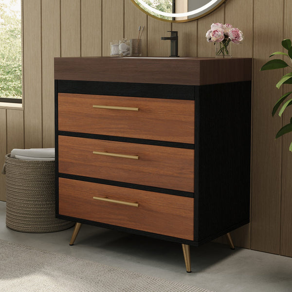 English Elm Modern Freestanding Vanity with Ceramic Vessel Sink and Gold Leg Sintered Stone Top W3136S00051