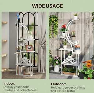 English Elm S-shaped Eight Tier Corner Plant Stand Steel and Fir Wood Sculptural Display Rack White T3971P420979