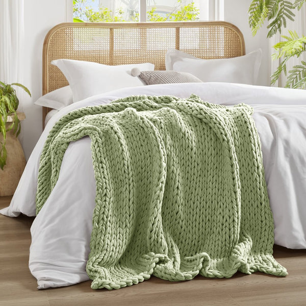 JLA Home Madison Park - Hand Made Throw Blanket: Ultra-Soft Double-Knit Acrylic Throw with Modern Boho Style, OEKO-TEX Safe Cozy Gift Sage Green MP50-8217