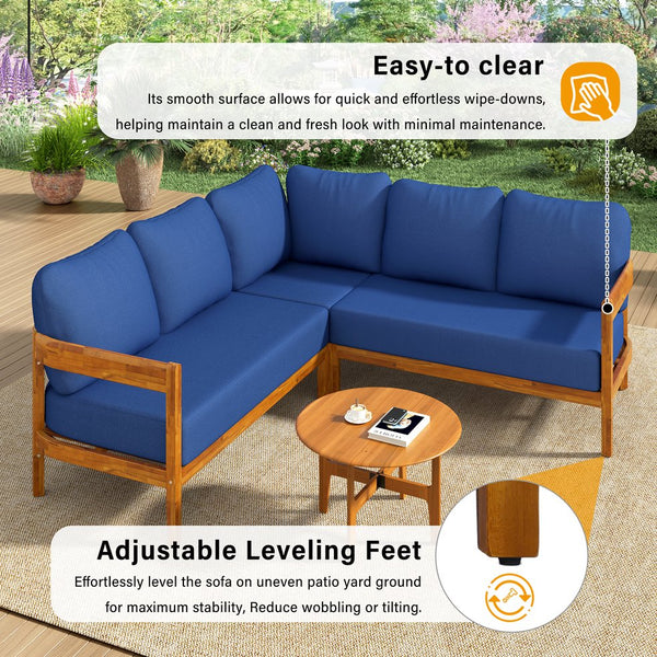 English Elm U_style Acacia Wood Outdoor L Shaped Corner Sofa Set with Arc Frame and Cushions Blue WY000481AAC