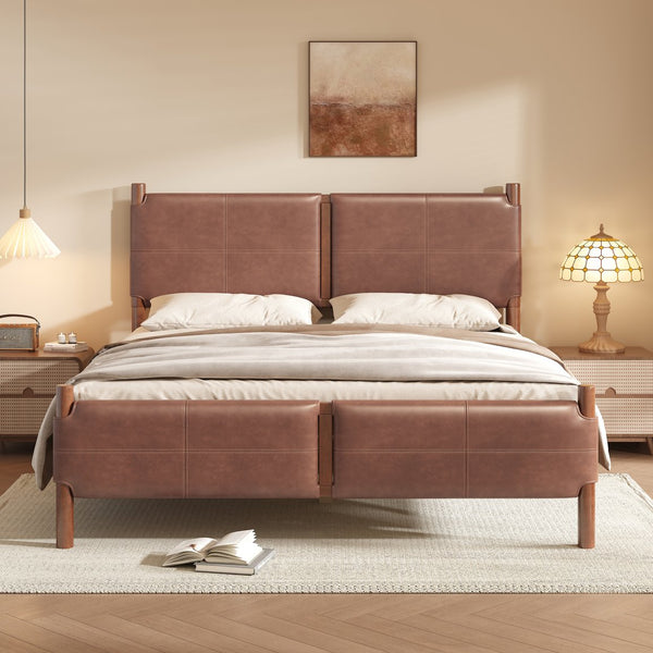 English Elm Christopher Knight Home® - Queen Upholstered Leather Headboard Bed Frame with Solid Wood Slats, Mid-Century Modern Support, No Box Spring Needed Brown N758D928485N
