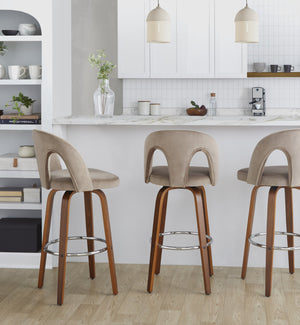 English Elm Fixed-height Swivel Barstools Walnut Legs Taupe Velvet Seat Chrome Footrest Set B202S01889
