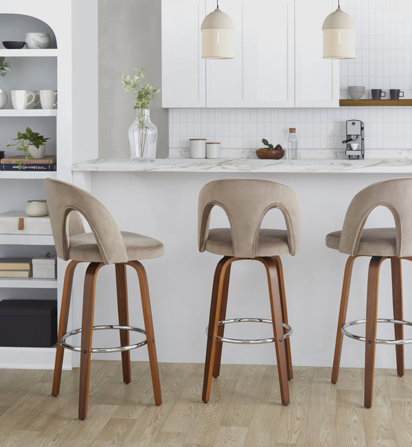 English Elm Fixed-height Swivel Barstools Walnut Legs Taupe Velvet Seat Chrome Footrest Set B202S01889
