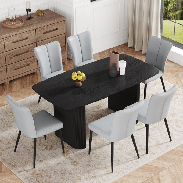 English Elm Table Set: Modern Black Wood Grain Mdf Dining Table With 6 Stylish Light Gray Pu Chairs For Luxury W1151S04184-GIGA