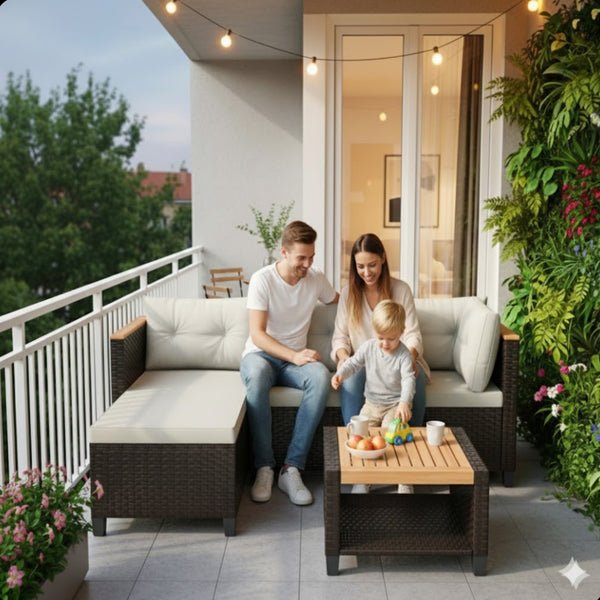 English Elm 3-piece Outdoor Pe Rattan L-shaped Sectional with Acacia Storage Table for Patio Beige+Brown B082P455128