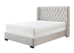 English Elm 1Pc Contemporary Upholstered King Bed Frame With Tufted Winged Headboard In Soft Light Gray Tweed Fabric B2741S00259