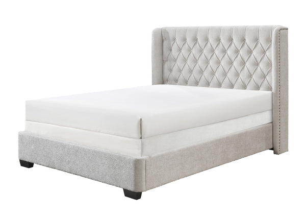 English Elm 1Pc Modern Upholstered Bed Frame With Tufted Winged Headboard In Soft Light Gray Tweed Fabric B2741S00258