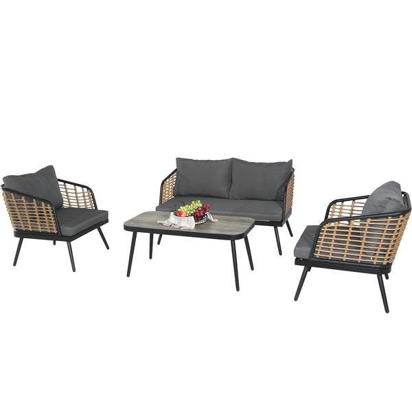 English Elm 4 Piece Patio Rattan Set with High-Rebound Cushions and Wood-Grain Tempered Glass Tabletop, Stylish Outdoor Conversation Sofa for Garden Balcony Poolside Black+Natural W2337S00003